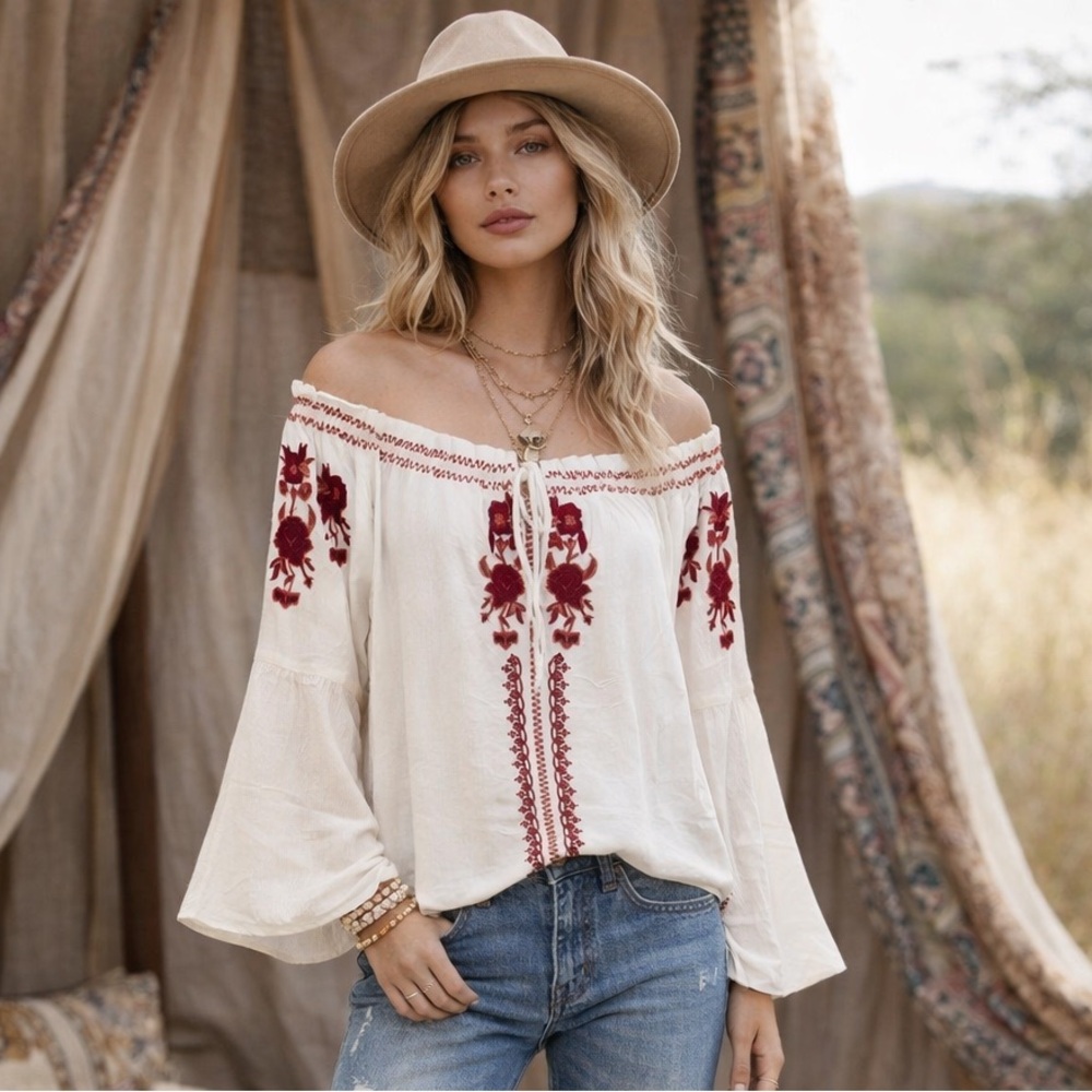 Boho Off-Shoulder Embroidered Blouse - Cream with Red Floral